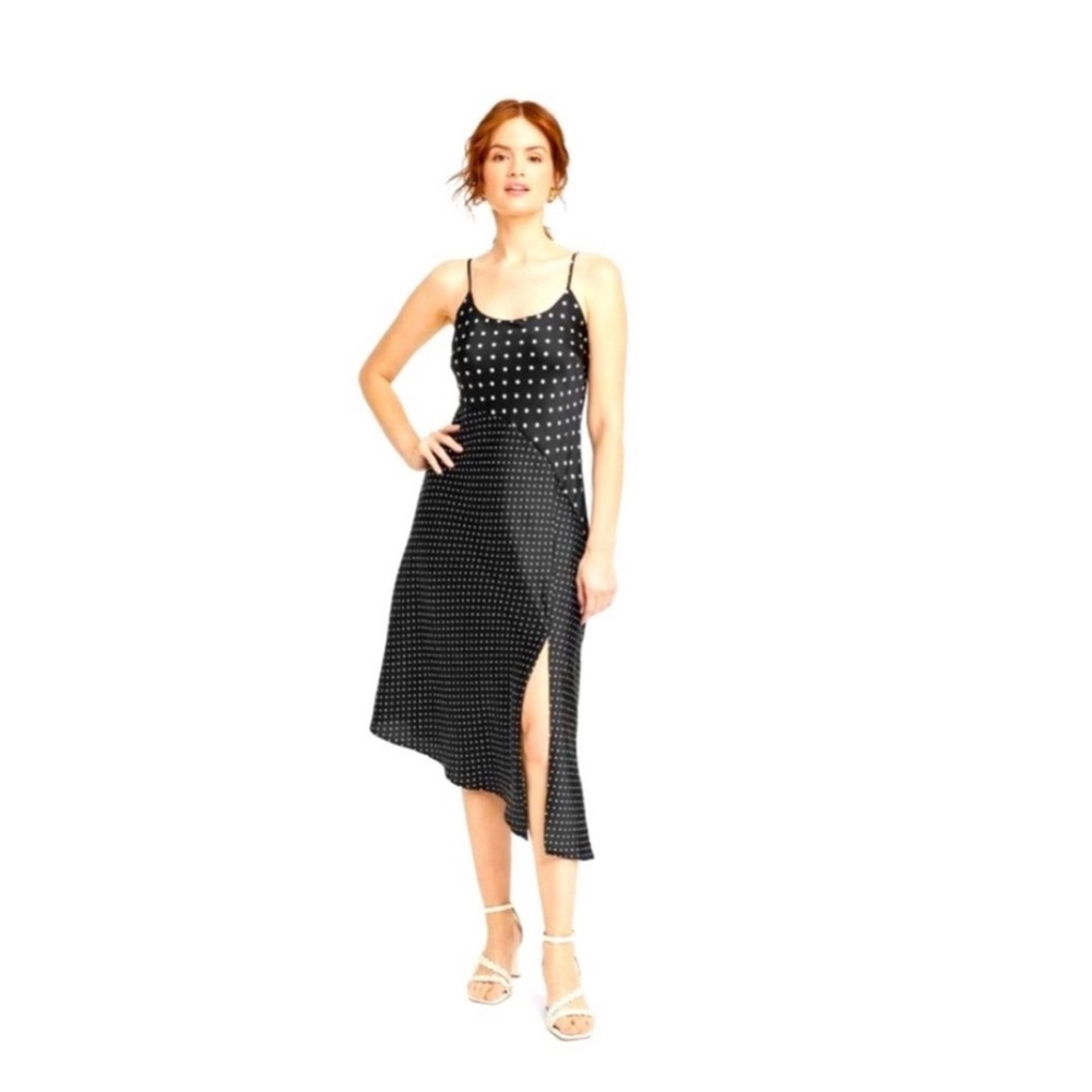 A New Day Asymmetrical B/W Polka Dot Midi Slip Dress